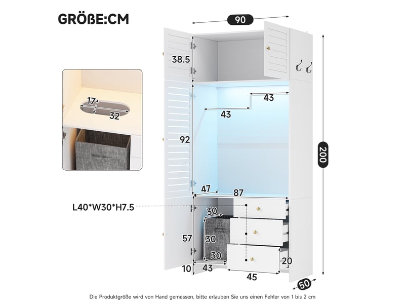 Armoire blanche avec panier à linge intégré, éclairage led, 3 tiroirs, 90x50x200 cm, panneaux de particules - Conforama C
