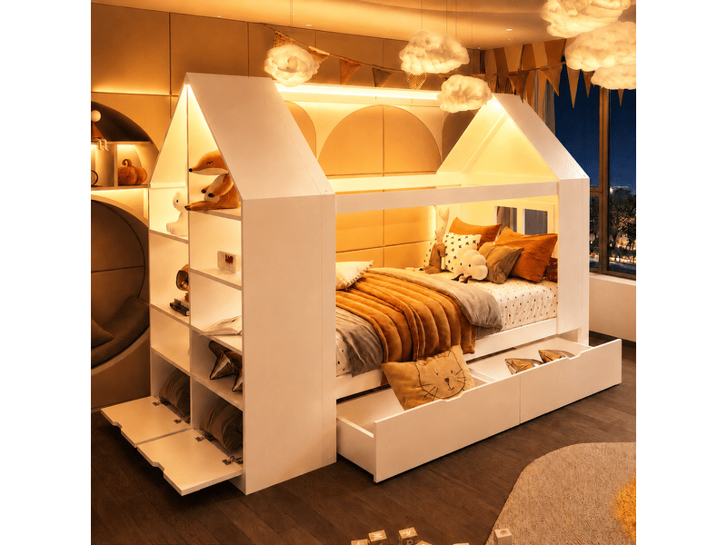  Lit cabane 90x200 cm, lit enfant, 2 tiroirs, led, forme maison, bois blanc  - Conforama A