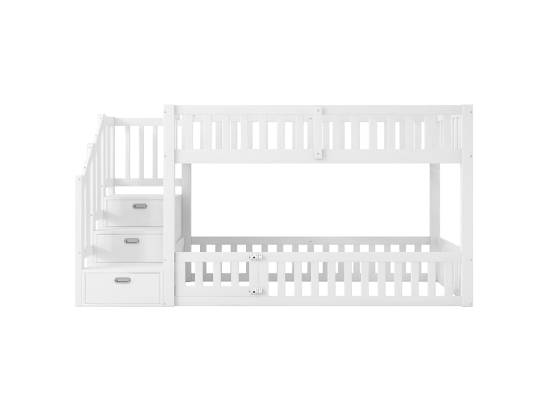  Lit superposé enfant 90x200, lit cabane bas avec escalier de rangement et barrière de sécurité, bois de pin massif et mdf style scandinave, blanc  - Conforama D