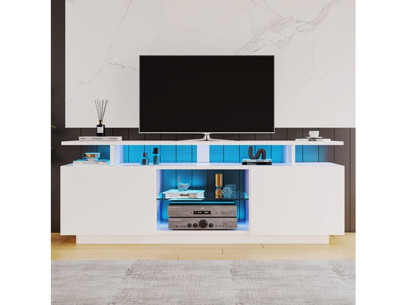  Meuble tv modenvie blanc led 16 couleurs 140 x 35 x 55 cm avec 2 portes et rangements  - Conforama D