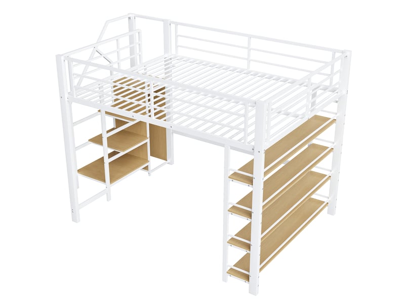  Lit mezzanine 140x200 cm blanc avec échelle de sécurité, rangements, placard, étagères, garde-corps surélevé, lit simple enfantado  - Conforama D