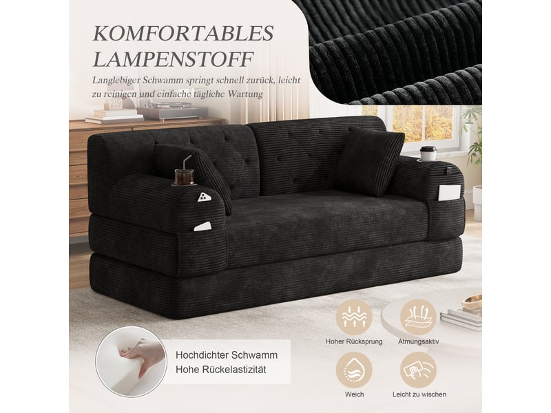  Canapé droit convertible 2 places en velours côtelé noir 168x80x81 cm, dossier haut, 2 porte-gobelets et 4 poches, salon petit espace 168x80x81cm - Conforama D