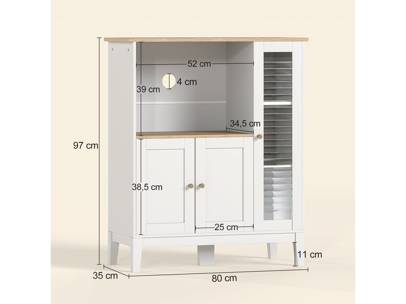  Meuble armoire micro-ondes pour cuisine avec 1 niche, 3 passe-câbles portes 80 x 35 x 97 cm blanc et aspect bois  - Conforama C