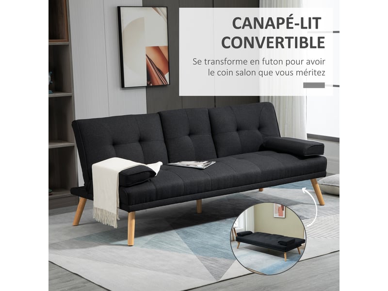  Canapé convertible 3 places, canapé-lit rembourré avec dossier réglable 3 niveaux, 2 coussins et 2 porte-gobelets intégrés, tissu de lin, pour salon, petit espace, chambre d'amis, gris  - Conforama A
