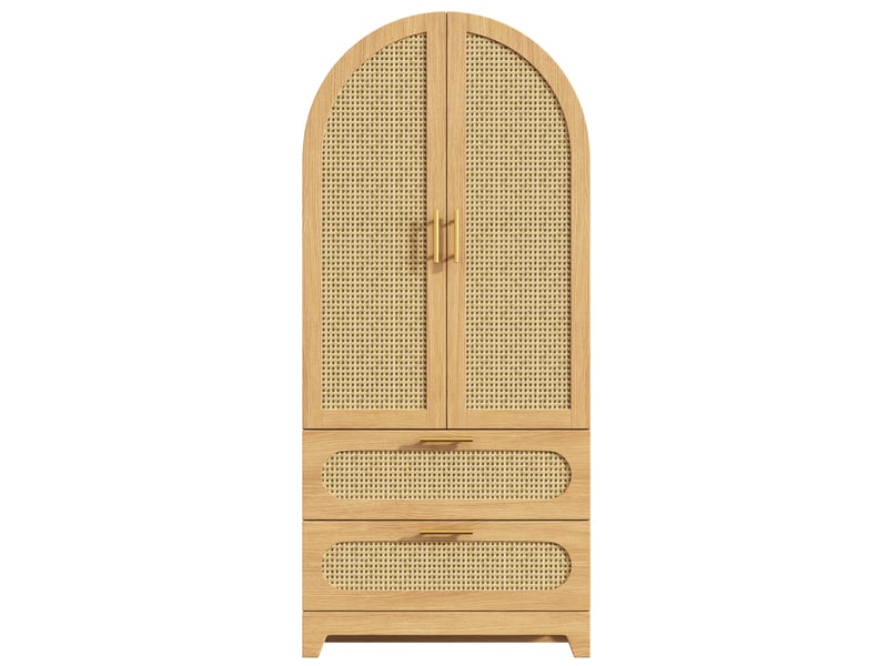  Buffet haut de cuisine 80 x 40 x 175 cm effet bois naturel et rotin pvc, 2 portes, 2 tiroirs, poignées dorées, style arche pour cuisine et salon  - Conforama A