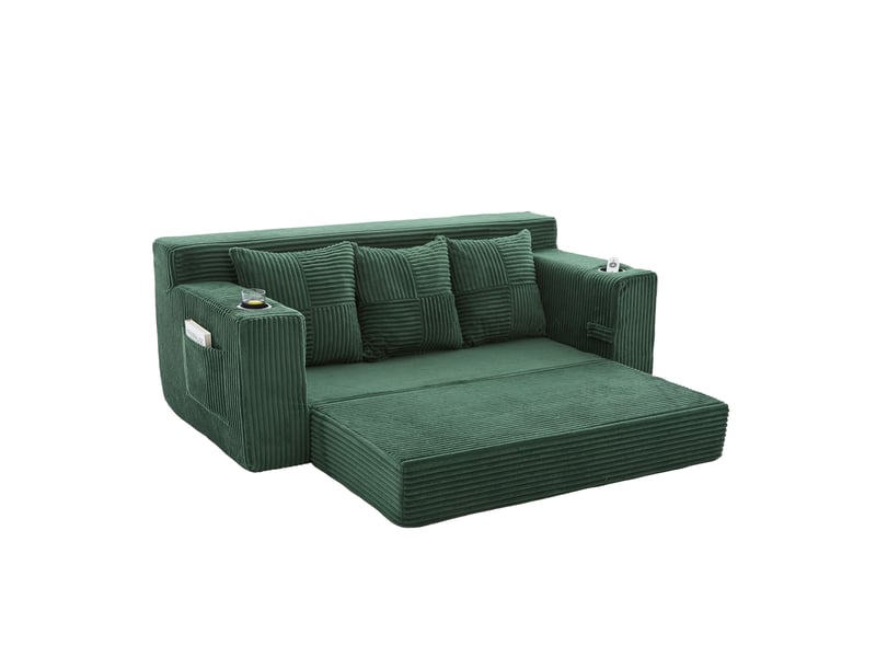  Canapé convertible 3 places 172 x 87 cm – vert émeraude – porte-gobelets, poches et assise extensible  - Conforama A