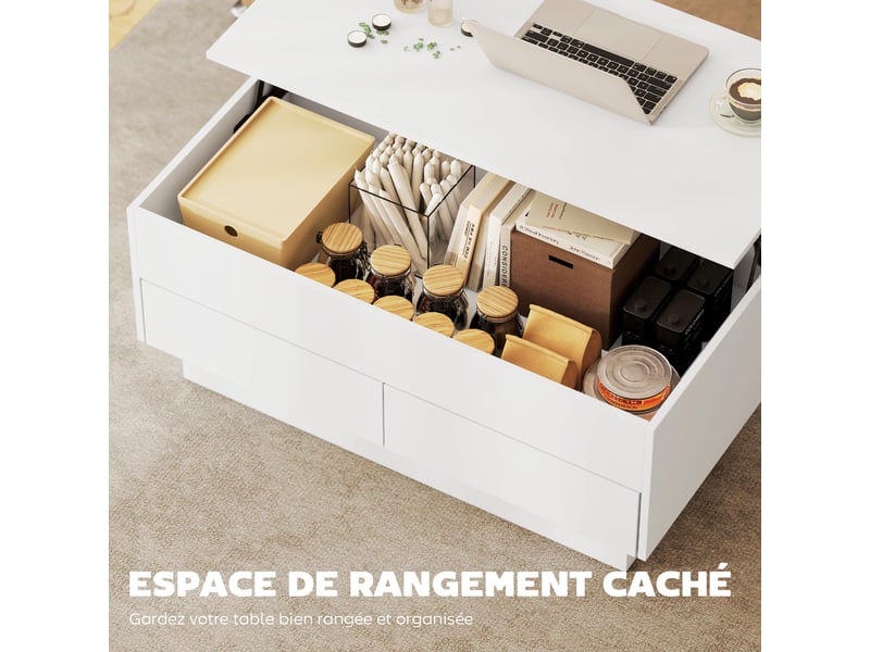 Table basse relevable, table de salon avec compartiment caché et 2 tiroirs, blanc, 100 x 50 x 44 cm  - Conforama R