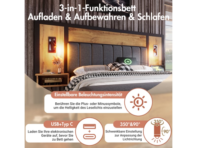  Lit capitonné 180x200cm, lit double avec liseuse et port usb-c, lit 2 places table de chevet et banc de rangement, métal bois, chêne  - Conforama C