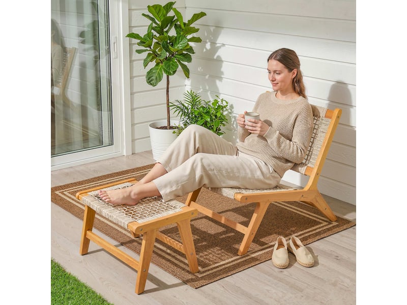  Fauteuil jardin avec repose-pieds, ensemble 2 pièces, bois acacia certifié fsc, assise rotin, style bohème, pieds réglables.  - Conforama D