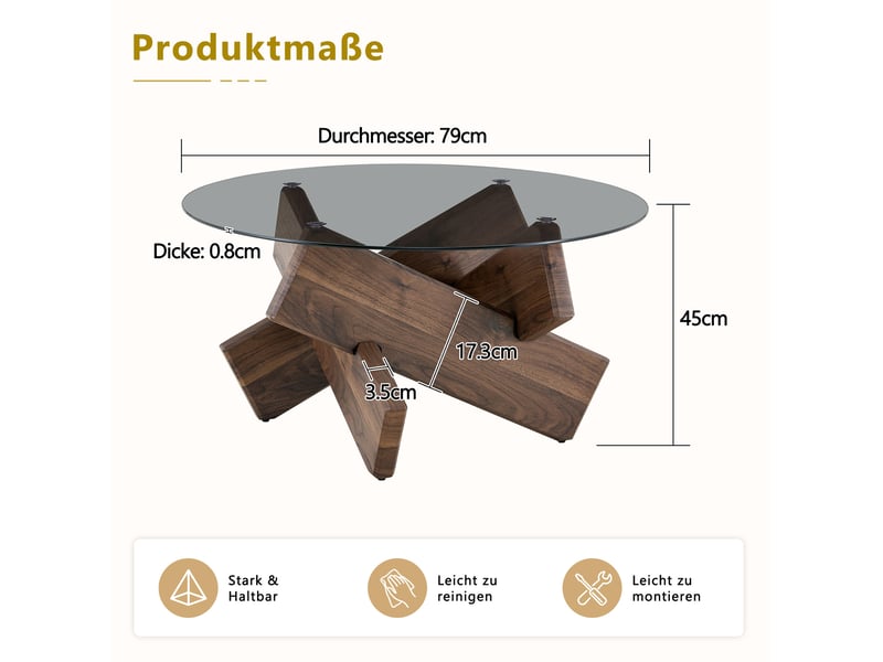  Table basse ronde 79 cm – noyer – verre trempé, plateau 0,8 cm et piètement géométrique en mdf design  - Conforama C