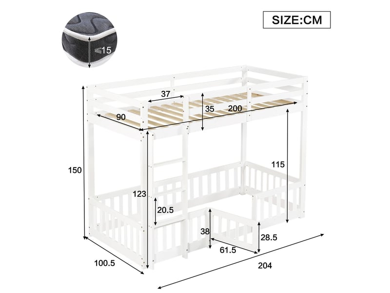  Lit superposé enfant 90x200, sécurité maximum garde-corps lit superpose cabane, structure bois massif, espace jeu libre  - Conforama C