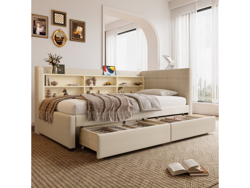  Lit avec rangement rembourré 90x200cm coloris beige lin lit enfant beige - Conforama D