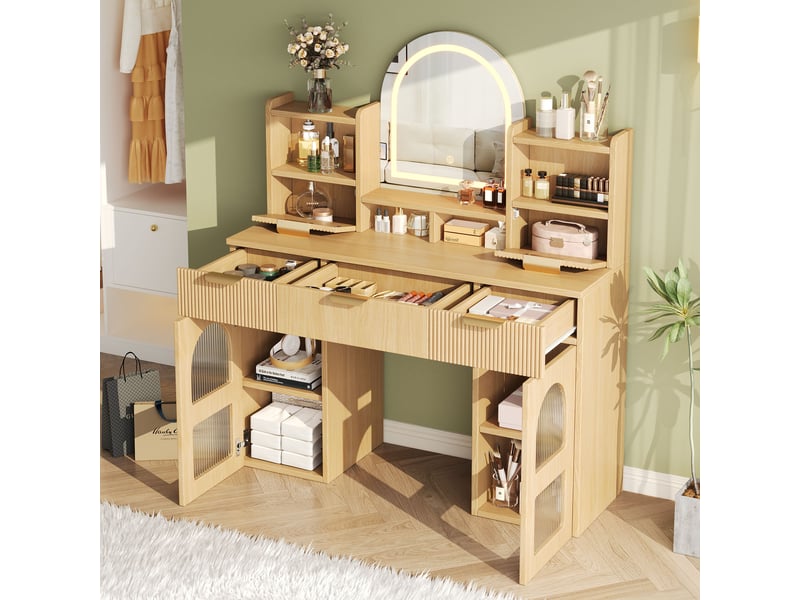  Grande coiffeuse led avec miroir et rangement - 3 tiroirs, 2 vitrines, étagères réglables, bois naturel, 120 x 40 x 139,5 cm  - Conforama R