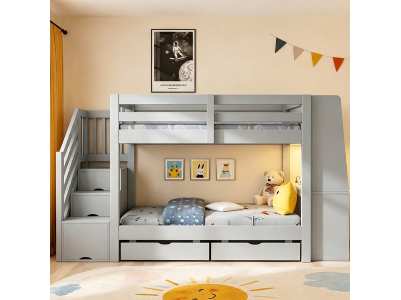  Lit superposé enfant 2 places 90x200 cm gris avec bureau, escalier de rangement, led et prise, sans matelas  - Conforama E