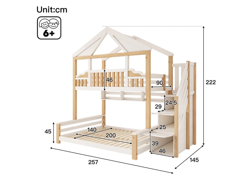  Lit superposé enfant 90×200 + 140×200 cm maison en bois avec toit diamant, escalier coffre, étagères murales et sommier - blanc et bois naturel  - Conforama C