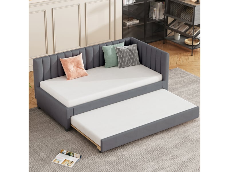  Lit capitonné 90*200 cm gris, canapé-lit convertible multifonctionnel avec sommier à lattes, sans matelas  - Conforama E
