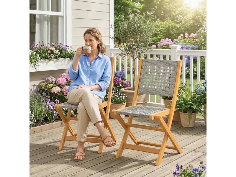  Chaises de jardin, lot de 2, chaises pliantes certifiées fsc avec assise respirante, hauteur d'assise confortable, en bois massif et polyrotin  - Conforama D