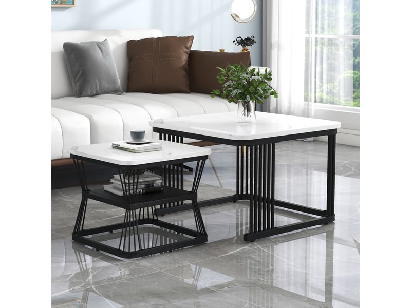  Lot de 2 tables basses gigognes effet marbre blanc pieds en acier noir  - Conforama W