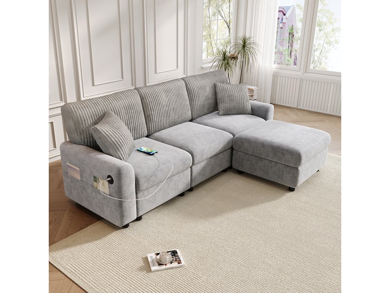  Canapé moderne gris avec pouf, revêtement chenille et velours côtelé, ports usb et usb-c, 2 coussins, 223 x 146 x 84 cm  - Conforama D