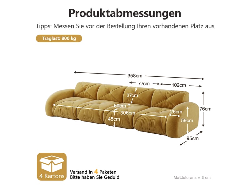  Canapé modulable, canapé 4 places – sans montage, base antidérapante, en chenille, jaune, sans cadre  - Conforama D