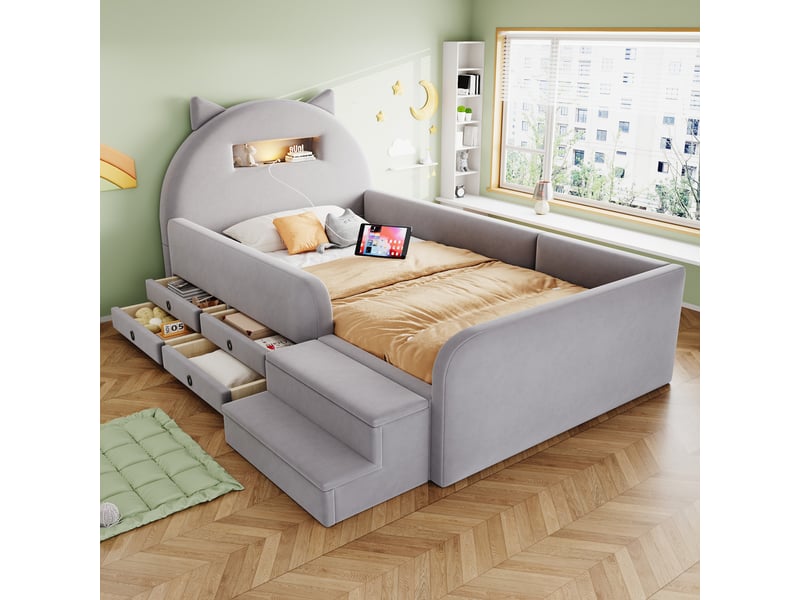  Lit enfant 90 × 200 cm avec tiroirs, veilleuse et usb, gris clair  - Conforama D