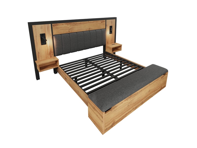  Lit double,160x200 cm,avec led et usb-c,métal et mdf,coloris chêne  - Conforama D