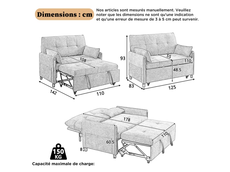  Canapé convertible 142x125x93 cm - extensible - 2 places - lit gigogne - rabattable - coussins inclus - chenille - assise confortable - blanc CozyNest - Conforama D