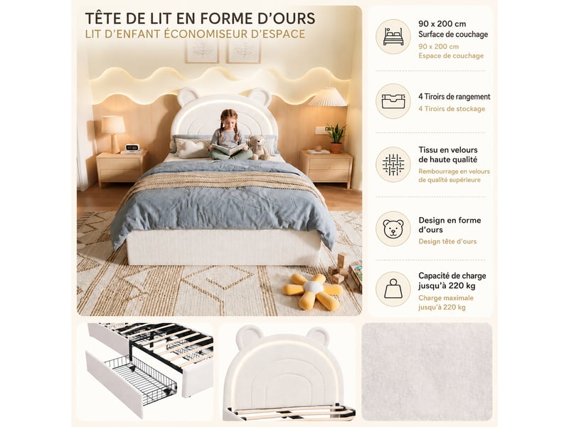  Lit enfant 90 x 200 cm beige avec tête de lit ours, tiroirs de rangement et éclairage led, sans matelas  - Conforama D