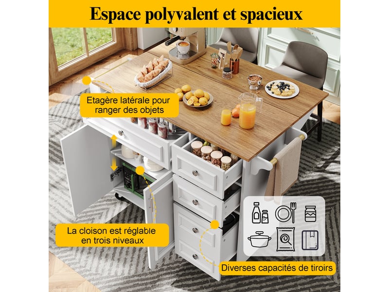  Îlot de cuisine multifonction 110x75x92 cm avec tablette pliante extensible et compartiments réglables, mdf, blanc  - Conforama R