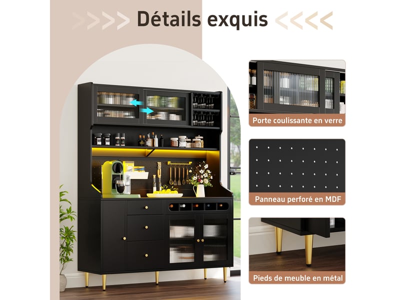  Buffet haut 145x39x171 cm grande capacité stockage avec étagères modulaires et verre trempé  - Conforama R