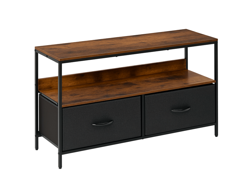 Meuble tv bas sur pieds style industriel 2 tiroirs en tissu gris mdf marron rustique et noir métal  - Conforama B