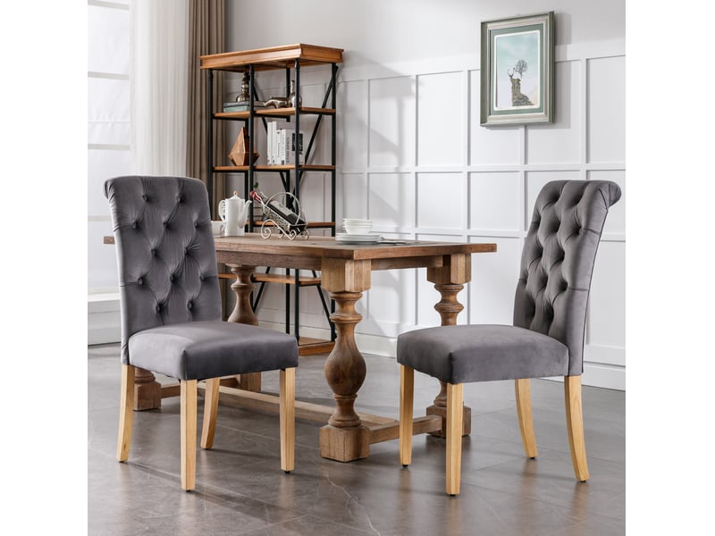  Lot de 4 chaises salle à manger 63x45x100 cm, dossier haut, heurtoirs chromés, velours gris, pieds en bois  - Conforama D