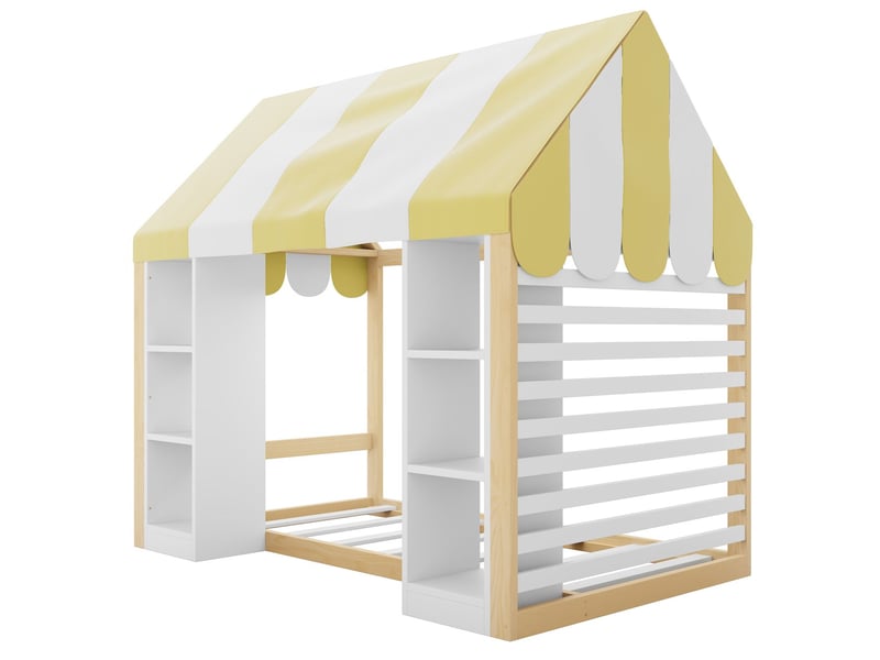 Lit enfant 90 x 200 cm rangement ouvert lit simple style maison de campagne ciel de lit cadre en bois coloris bois et blanc - Conforama A
