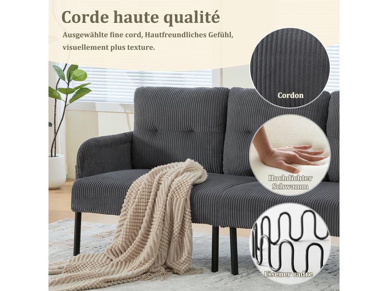  Canapé droit fixe 3 places en velours côtelé gris 171 x 72 x 80 cm avec poche latérale, salon chambre bureau 171x72x80cm - Conforama E