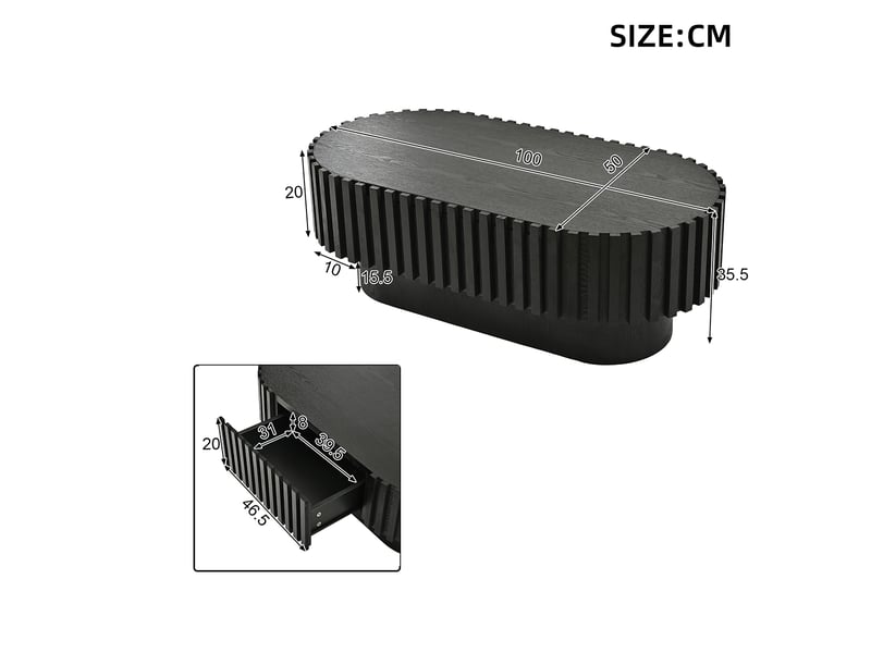  Table basse ovale 100x50x35,5 cm noire, 1 tiroir et décor vertical rainuré Fay Lum - Conforama C