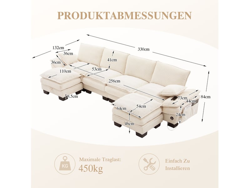 Canapé modulable 4 places avec 2 poufs beige en velours côtelé, port usb-c - Conforama E