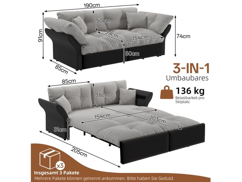  Canapé-lit convertible 3-en-1 190x85x91 cm en bois et métal, couleur gris et noir, design moderne, design moderne  - Conforama C