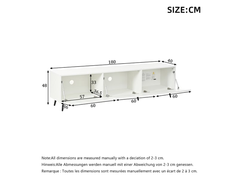  Meuble tv blanc 180 cm en mdf, meuble tv pour téléviseur 80 pouces avec 3 portes rabattables et grand rangement  - Conforama C