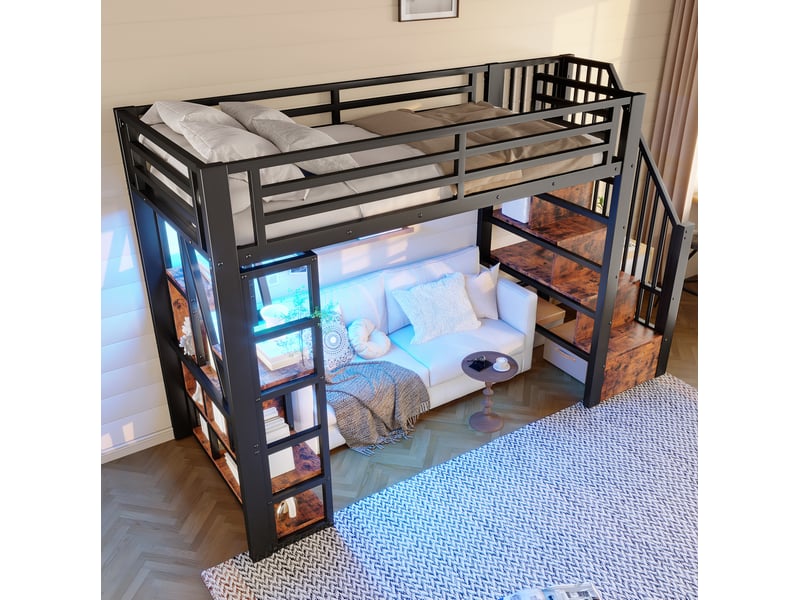  Lit mezzanine enfant 90x200 cm avec rangements, led, échelle et garde-corps noir  - Conforama D