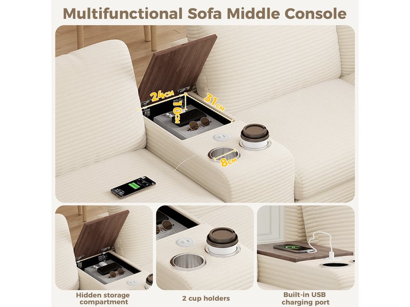 Canapé d'angle modulable 6 places en velours côtelé beige, 311 x 139 x 85 cm, forme en u, avec rangement, ports usb et usb-c, porte-gobelets CARDUME ESTIVAL - Conforama E