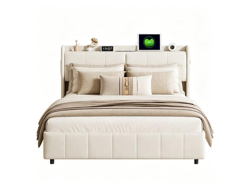  Lit 160x200 avec sommier et rangement,cadre de lit avec charge usb, lit double capitonné avec 4 tiroirs, facile à assembler, pu, sans matelas, blanc  - Conforama A