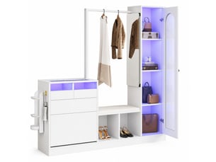 Meubles d'entrée avec miroir pivotant, vitrine, banc à chaussures à abattant et led pour couloir, 163×50×161 cm, blanc