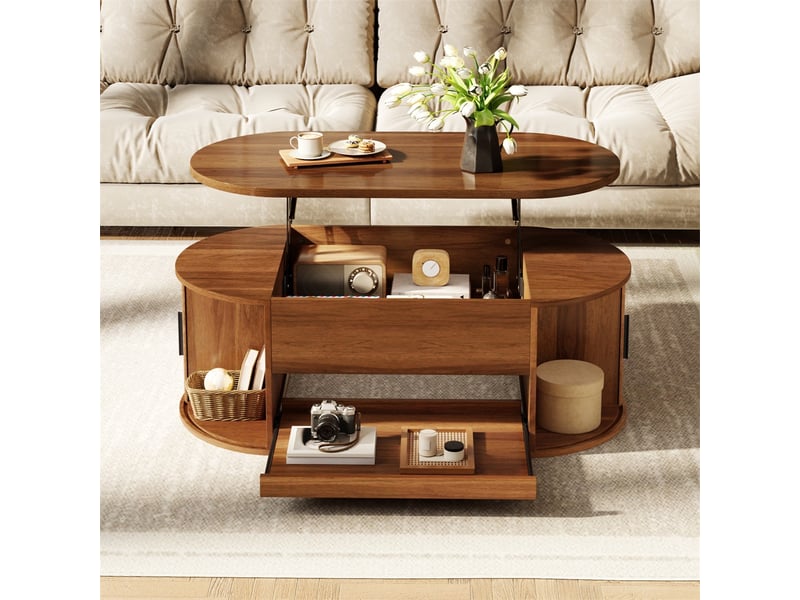  Table basse ovale relevable – 110 x 55 x 38 cm – plateau relevable &amp; tablette coulissante – mdf - noyer  - Conforama D