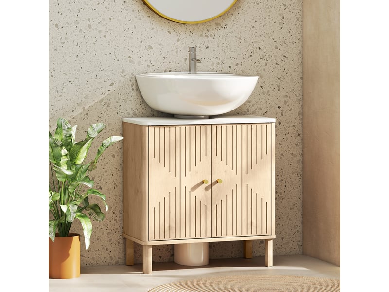  Meuble sous lavabo 60 cm, chêne effet marbre, portes rainurées  - Conforama C
