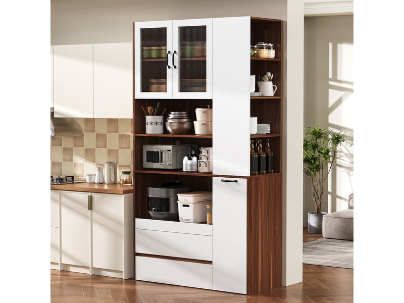  Buffet cuisine avec portes vitrées et 2 tiroirs, 100 x 40 x 200 cm, étagère coulissante, niches latérales et verre cannelé, mdf, blanc Morn Vibe - Conforama D