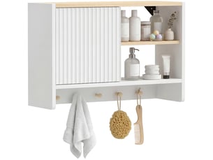Armoire murale de salle de bain, meuble de rangement de salle de bains avec porte, étagères ouvertes et 5 crochets