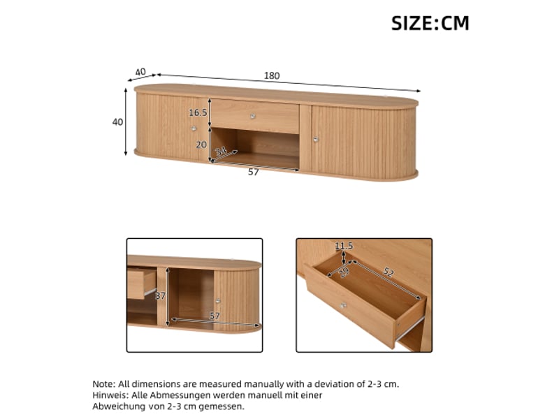  Console tv ronde bois clair avec 2 portes et tiroir - meuble tv 180x40x40 cm, 75 pouces - salon ou salle à manger  - Conforama C