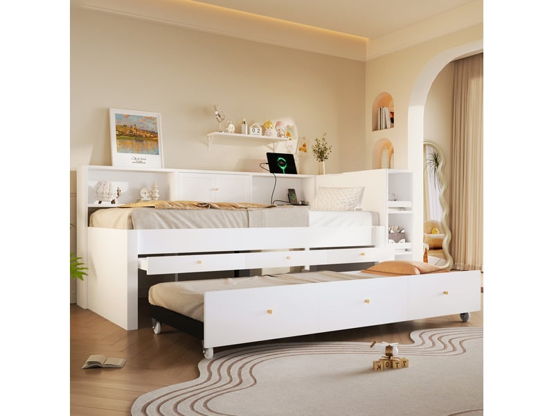 Lit gigogne 90x200 cm avec 3 tiroirs et port usb, en mdf et pin, blanc - Conforama B
