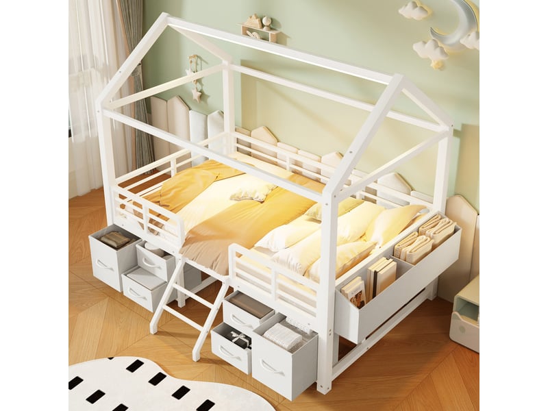  Lit enfant 90x200 cm avec toit - éclairage led - lit cabane avec 6 tiroirs en tissu et rangements - métal - blanc  (sans matelas)  - Conforama R