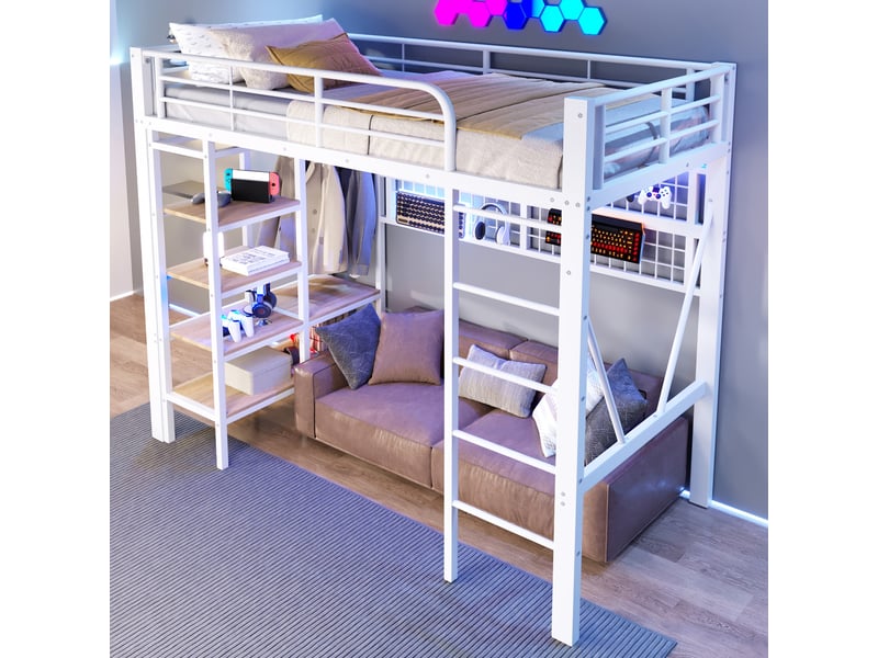  Lit mezzanine 90 x 200 cm, structure métal, led, bureau, étagères, panneau perforé, usb, sans matelas, blanc  - Conforama E